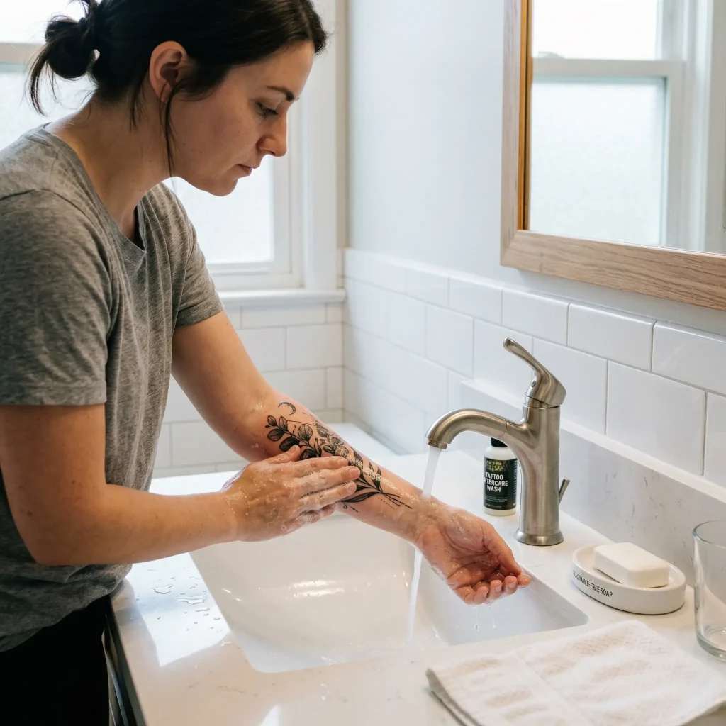 Fresh tattoo being washed under warm water with fragrance free soap for proper tattoo aftercare