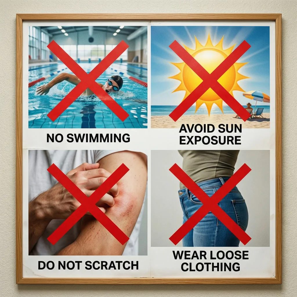 Tattoo aftercare mistakes including swimming scratching sun exposure and tight clothing