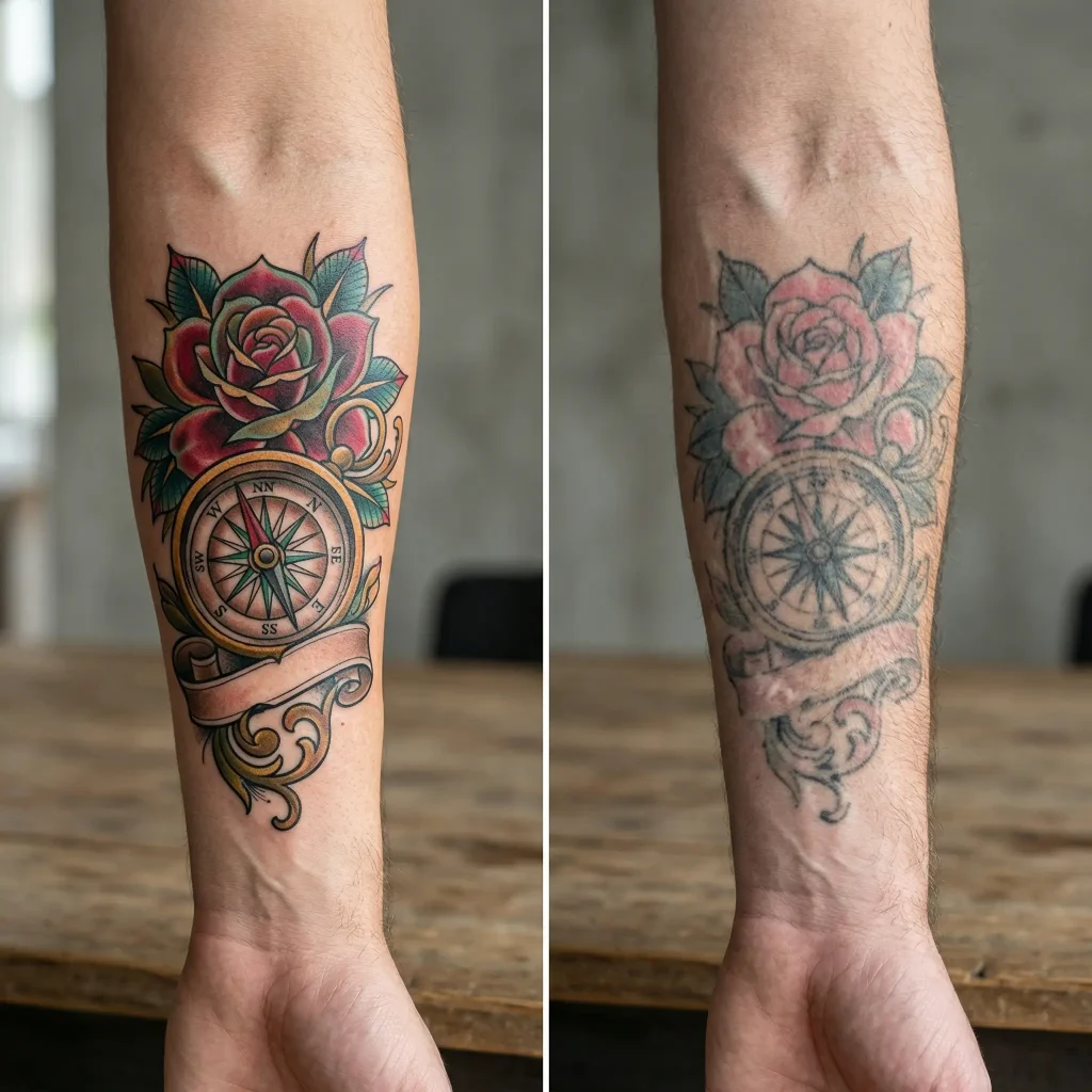 Comparison of well healed tattoo and poorly healed tattoo demonstrating importance of proper tattoo aftercare