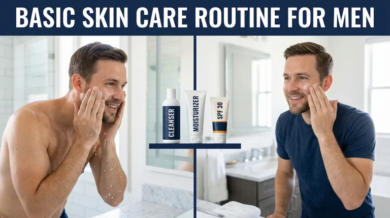 32-year-old man following a basic skin care routine for men – washing face and applying moisturizer with cleanser, moisturizer and SPF on the counter