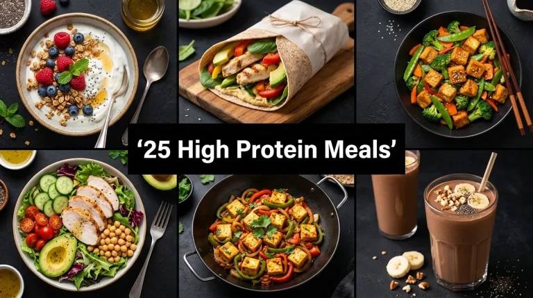 Collage of six high-protein meals including Greek yogurt bowl, chicken wrap, tofu stir fry, turkey salad bowl, paneer stir fry, and protein smoothie on black background with centered white text, healthy and filling meals