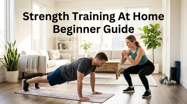 Man and woman exercising together at home performing push ups and squats for strength training at home beginner guide.