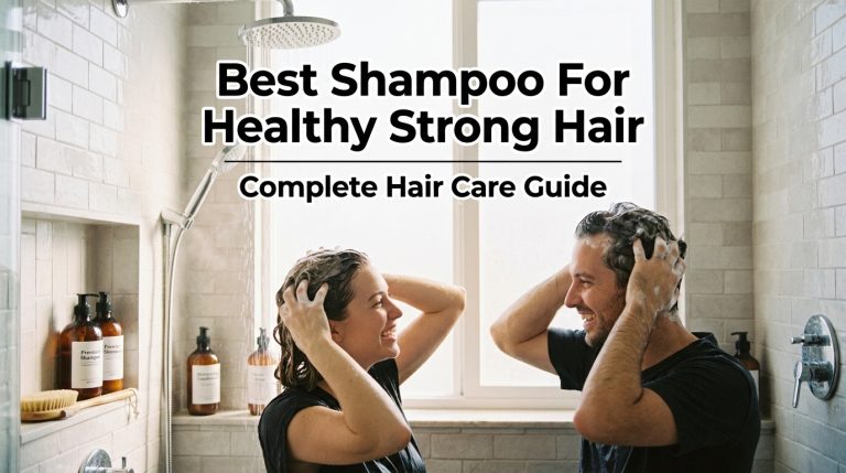 Couple in modern bathroom doing hair care routine with best shampoo guide text overlay