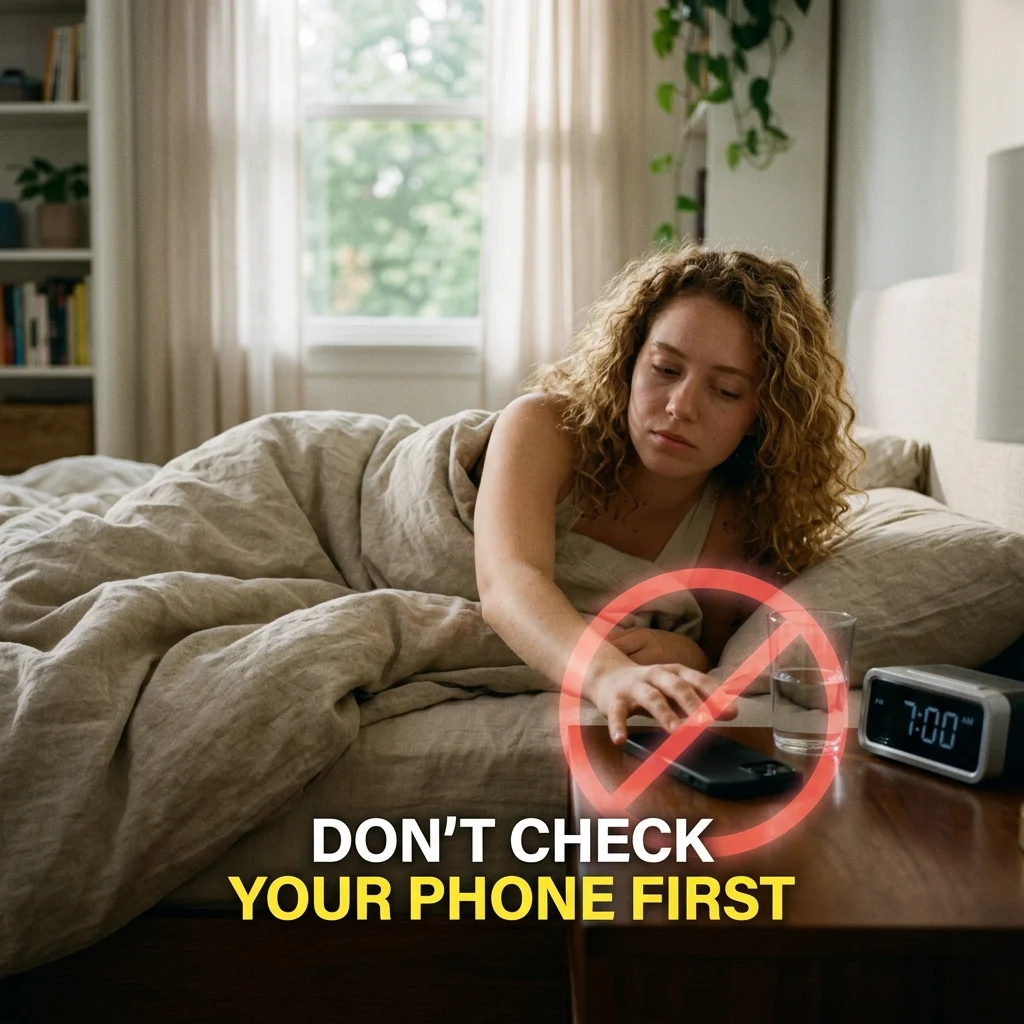 Phone placed away from bed showing distraction free morning routine and productive habits for better focus.