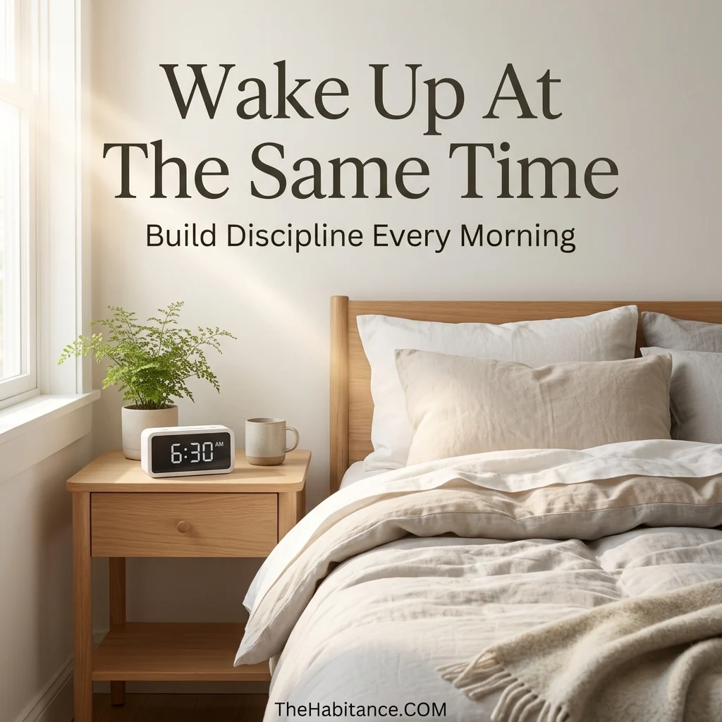 Alarm clock in calm bedroom representing waking up early and building consistent morning routine habits for self improvement.