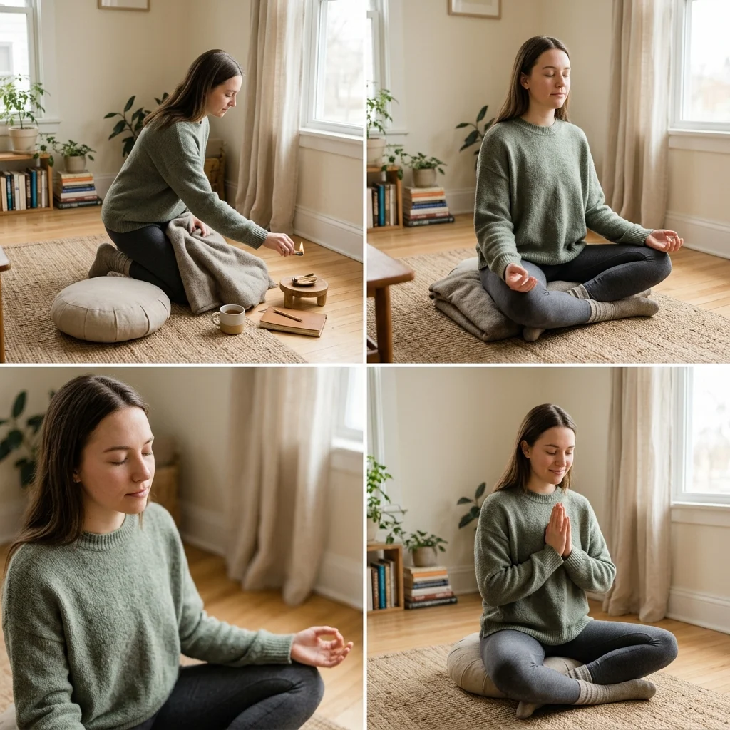 Person practicing step by step meditation in a peaceful indoor setting for beginners