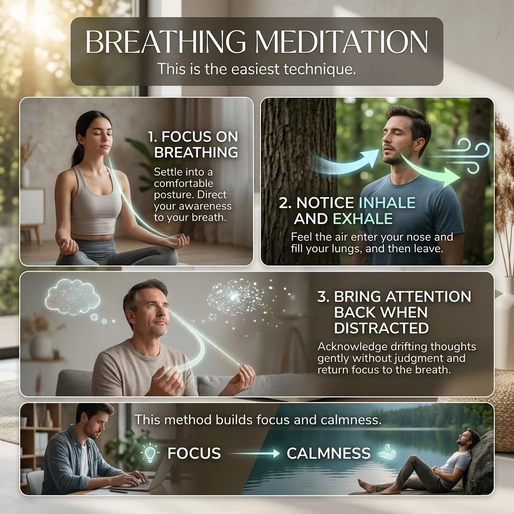 Person practicing meditation with calm breathing, peaceful home environment, minimal decor, indoor plant, soft lighting.