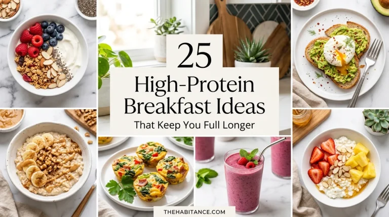Collage of healthy high protein breakfast ideas including yogurt bowl, eggs, smoothie, and oatmeal arranged on clean kitchen background
