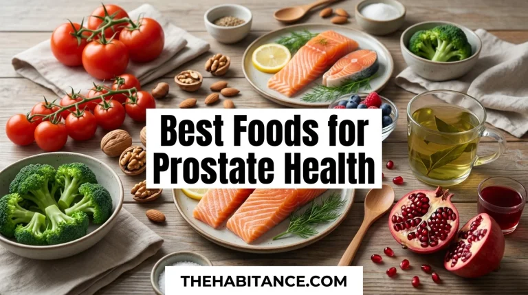 Healthy prostate-friendly foods arranged on a wooden table with a clean medical wellness aesthetic and centered title design.