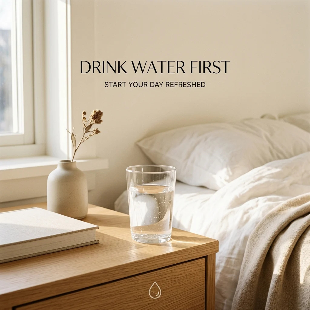 Glass of water in morning sunlight representing hydration habit and healthy morning routine for energy.