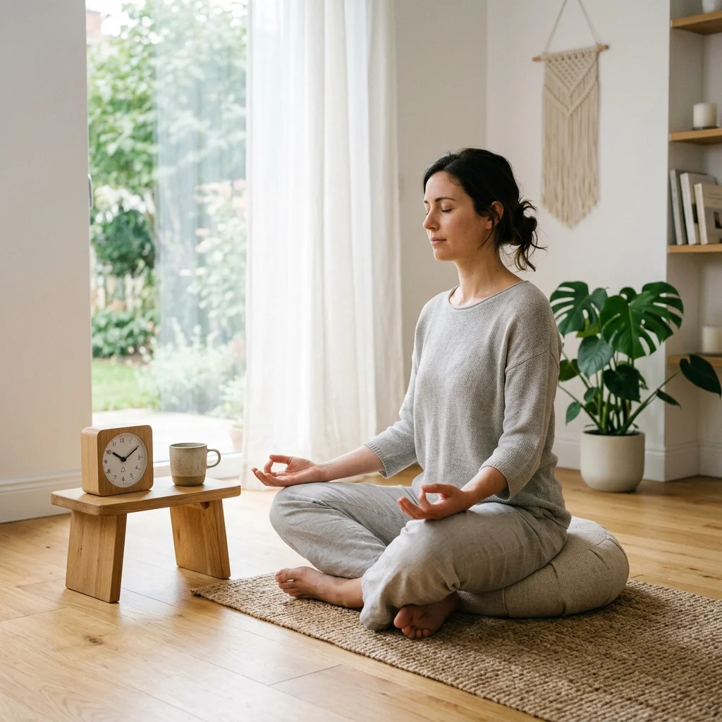 Beginner meditating with timer showing short daily meditation session
