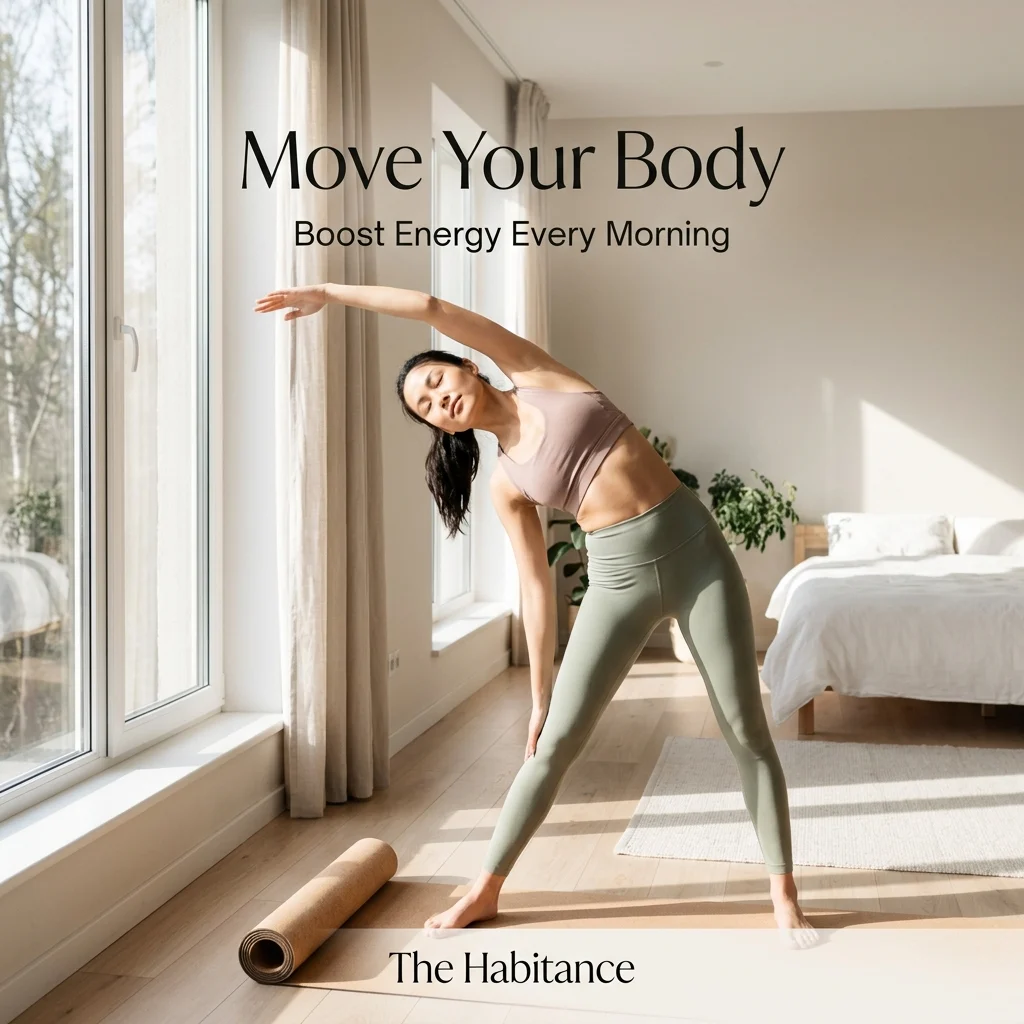 Person stretching in morning sunlight representing morning exercise and daily movement habits.