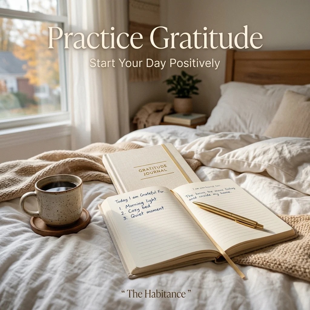 Gratitude journal on bed representing positive mindset and self improvement morning habits.