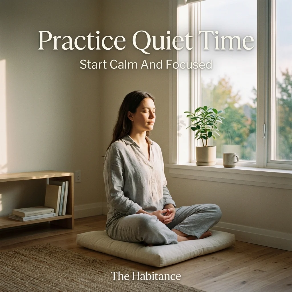 Person meditating in morning light representing calm and mindful morning routine.