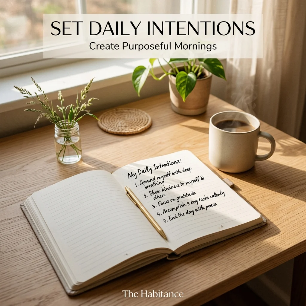 Morning intentions journal representing purposeful daily routine and self improvement habits.