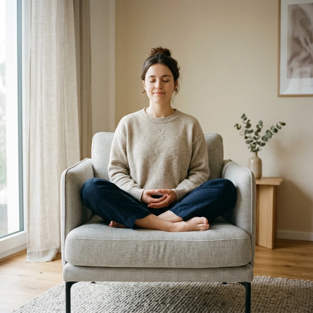 Beginner sitting comfortably with eyes closed learning what meditation is in a calm home environment