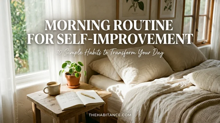 Aesthetic morning routine setup with journal, coffee, and sunlight representing self improvement morning habits and productive daily routine ideas.