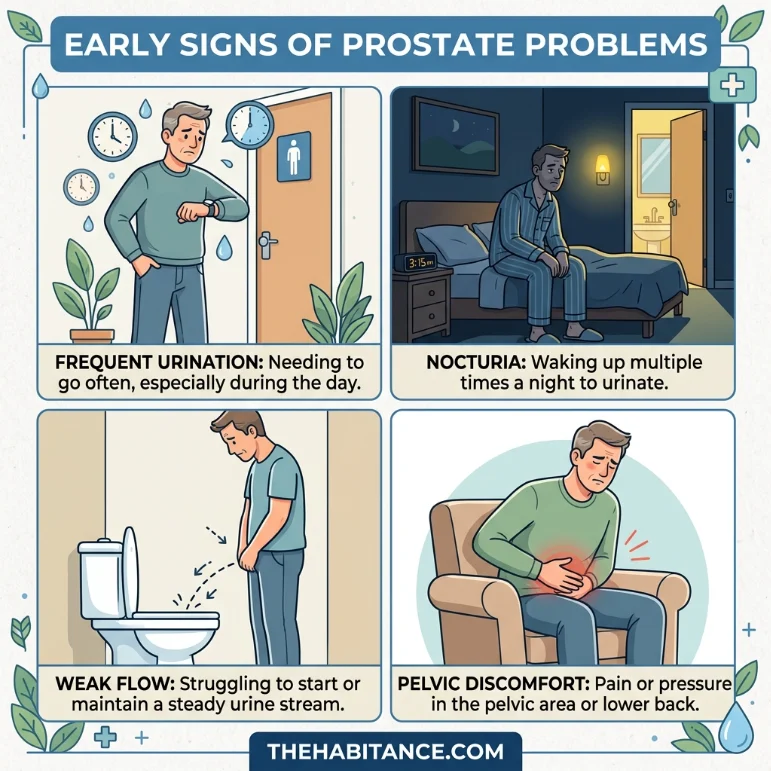Early warning signs of prostate problems including frequent urination and weak flow.