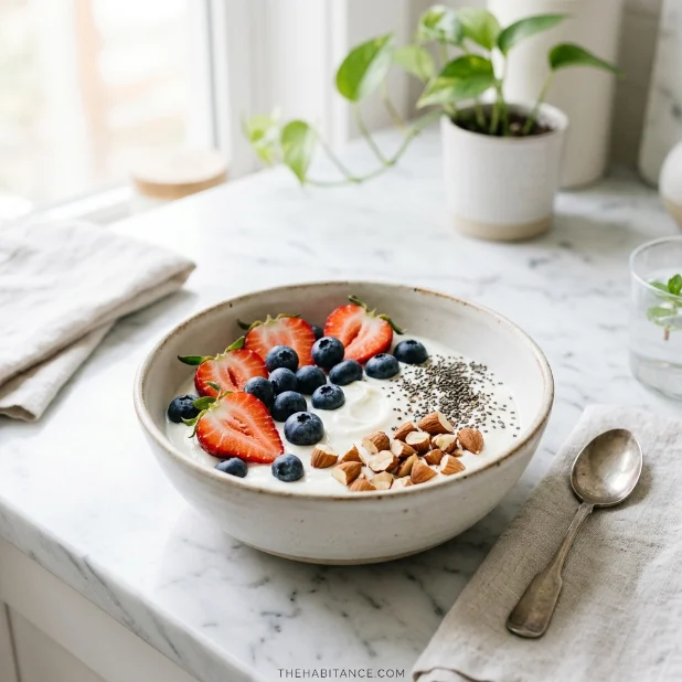 Greek yogurt protein bowl with berries chia seeds and almonds in a clean modern kitchen setting