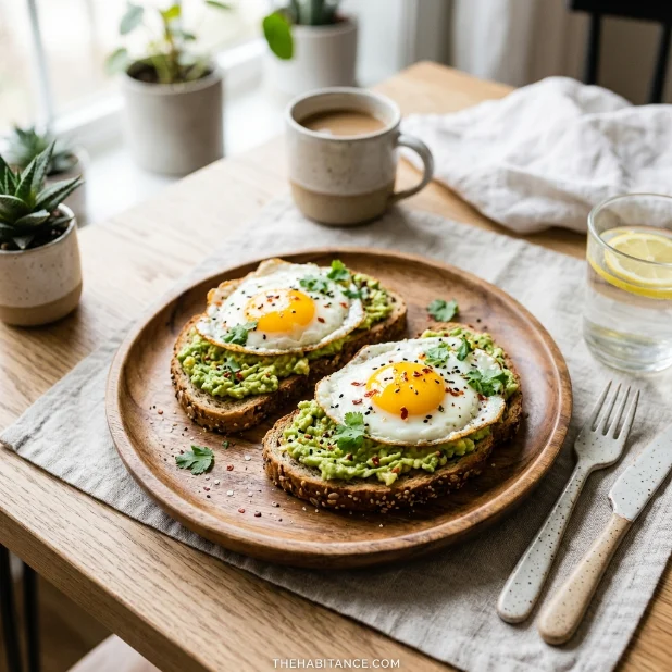 Avocado toast with eggs served on wooden plate in bright modern breakfast setting