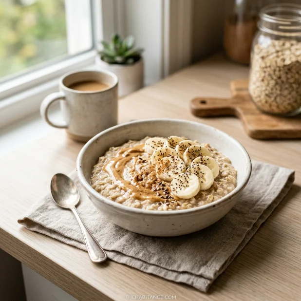 High protein oatmeal with banana peanut butter and chia seeds in clean kitchen setup