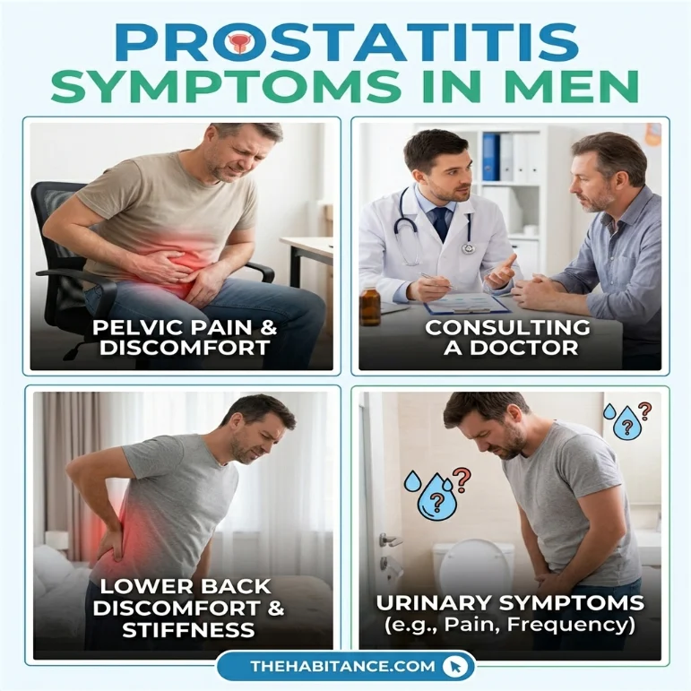 Prostatitis symptoms including pelvic pain and painful urination.