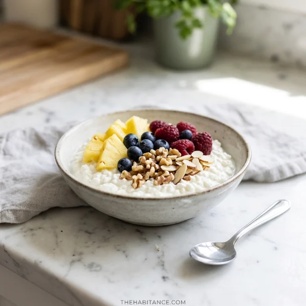 Cottage cheese fruit bowl with berries pineapple and nuts in bright kitchen setting
