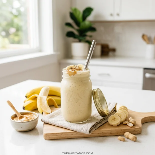 Banana protein smoothie in glass jar with bananas and peanut butter on kitchen counter