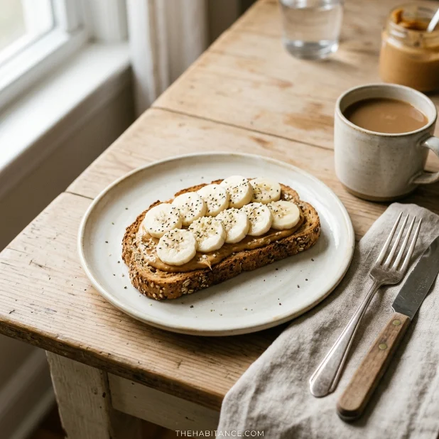 Peanut butter banana toast on whole grain bread in clean breakfast setting