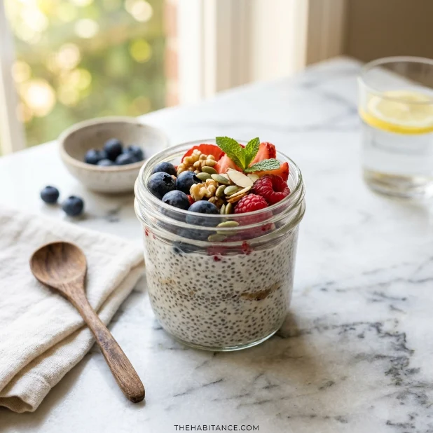 Chia seed protein pudding with berries and nuts in glass jar