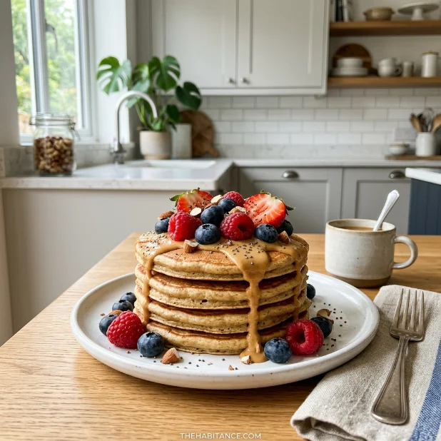 Stack of high protein pancakes topped with berries and peanut butter