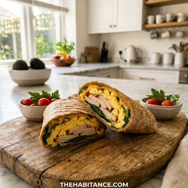 Turkey breakfast wrap with eggs spinach and cheese on wooden board in bright kitchen