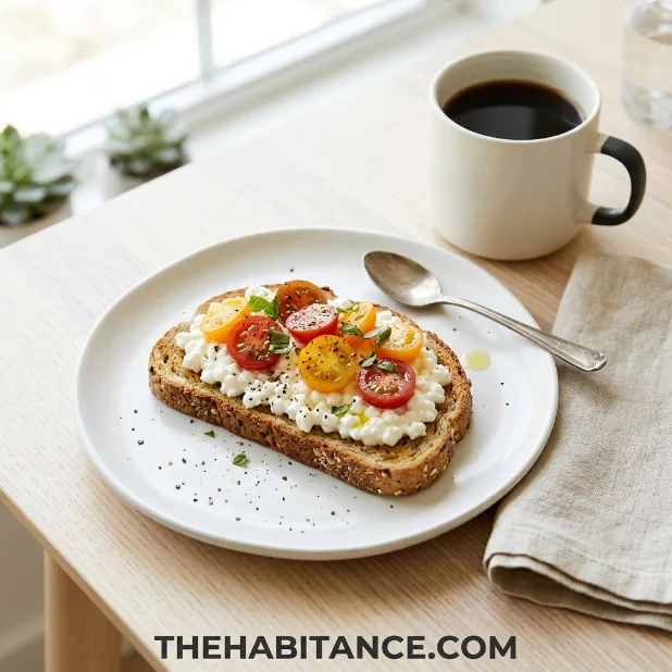 Cottage cheese toast topped with cherry tomatoes on white plate