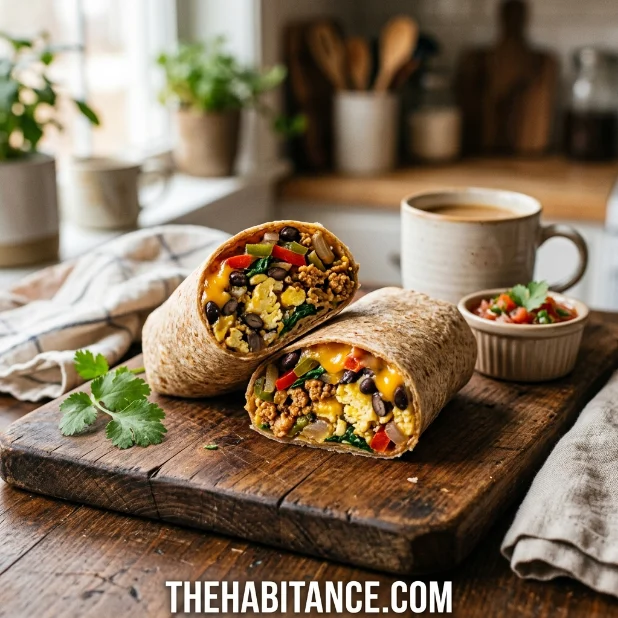 Protein breakfast burrito with eggs beans and vegetables cut in half