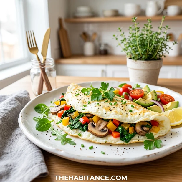 Egg white omelet with vegetables served on clean white plate