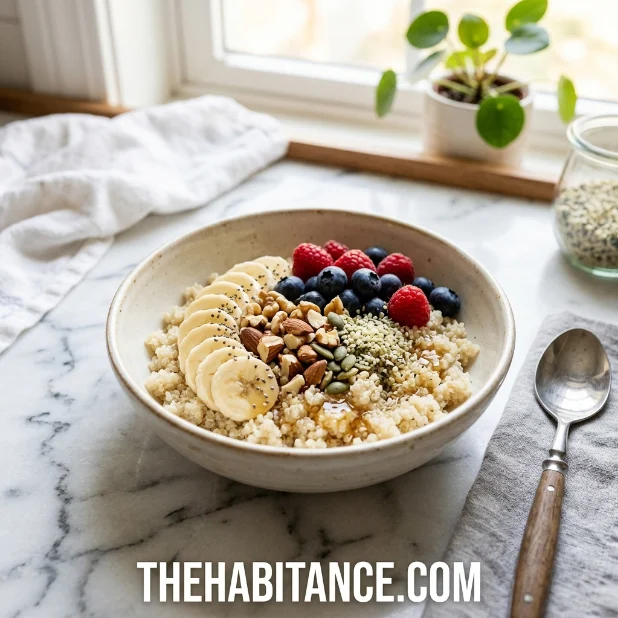 Quinoa breakfast bowl topped with banana berries and nuts in bright kitchen