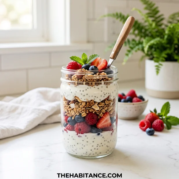 Protein yogurt parfait layered with berries granola and chia seeds in glass jar