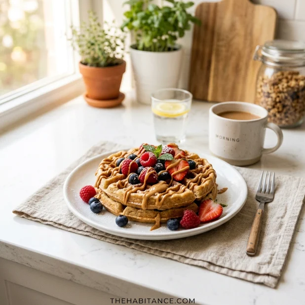 High protein waffles topped with berries and peanut butter on plate