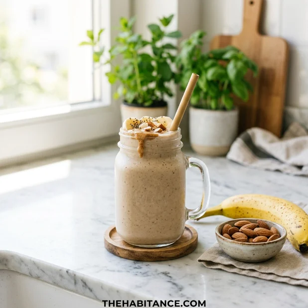Almond butter protein smoothie in glass jar with banana and almonds