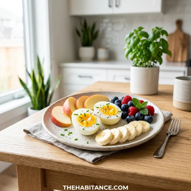 Boiled eggs served with fresh fruit on clean ceramic plate in bright kitchen