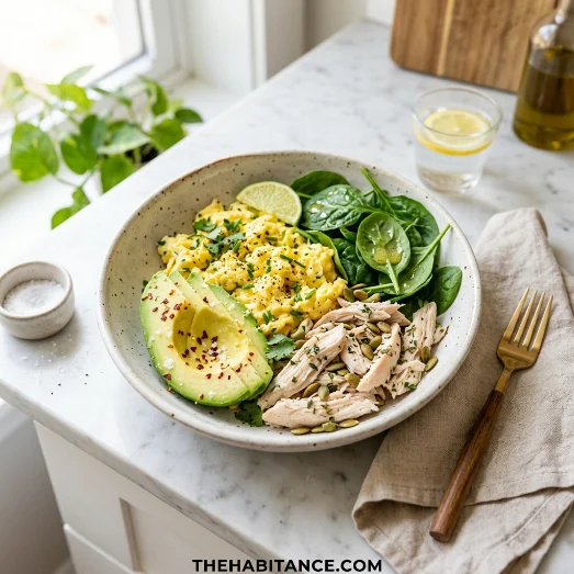 Chicken breakfast bowl with eggs avocado and spinach in modern bowl