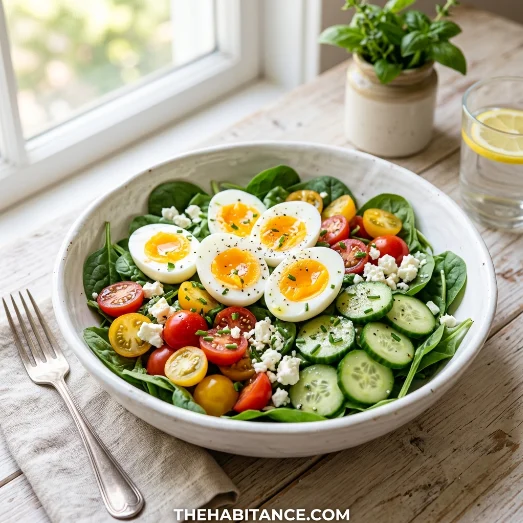 High protein breakfast salad with eggs spinach cucumber and tomatoes