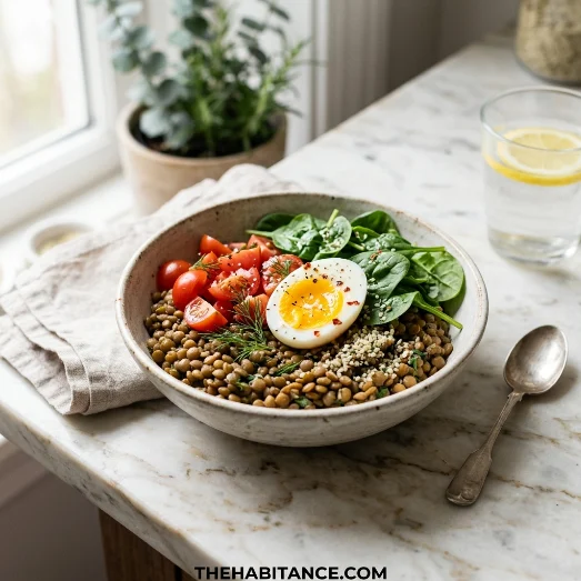 Lentil breakfast bowl with vegetables and boiled egg in clean kitchen setting