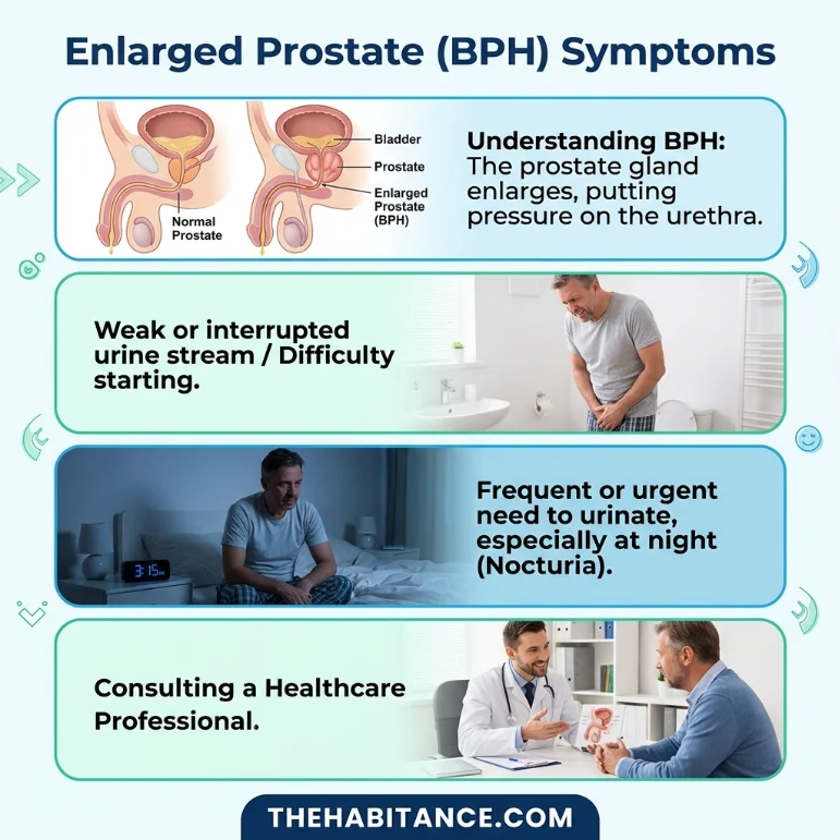Benign prostatic hyperplasia symptoms including frequent urination and weak urine flow.
